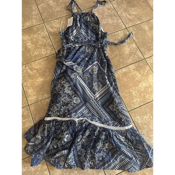 Lucky Brand Dresses & Skirts - NWT Lucky Brand L Maxi Dress Blue Bandana Halter Sleeveless Tiered Cotton
